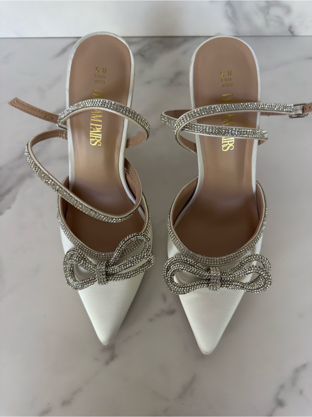 DreamPairs White Satin Pointed Toe Bow Slingback Heels